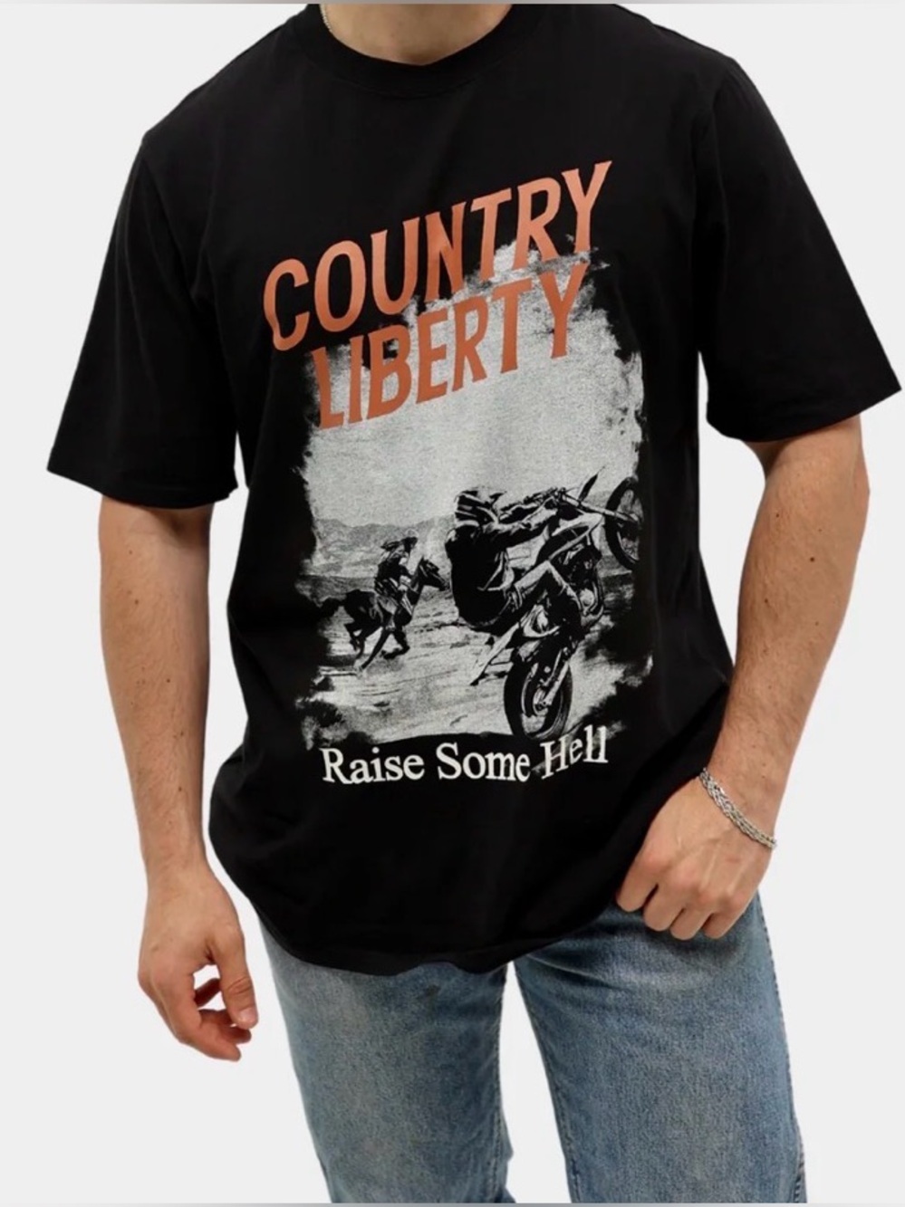 Country Liberty T-Shirt Black Bike and Horse Racing Tee “Raise some Hell” Sz XL